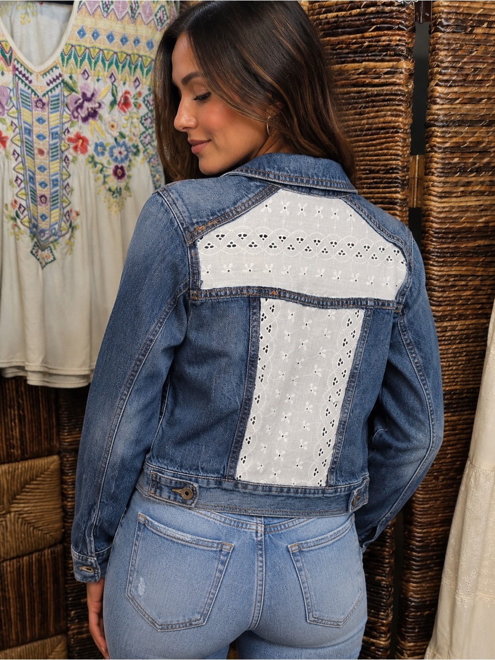 Upcycled Express Blue Denim Jacket with White Eyelet Back Panels